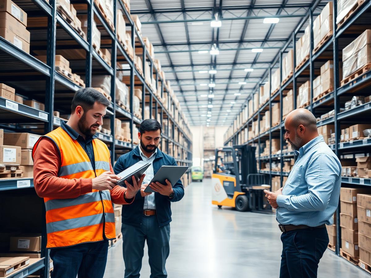 Warehouse team reviewing inventory